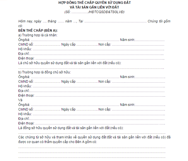 Mẫu hợp đồng vay thế chấp quyền sử dụng đất