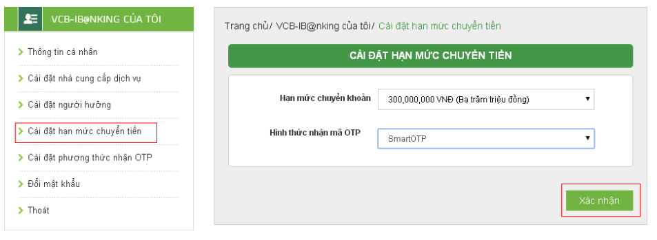Đăng ký hạn mức chuyển khoản VCB Internet Banking